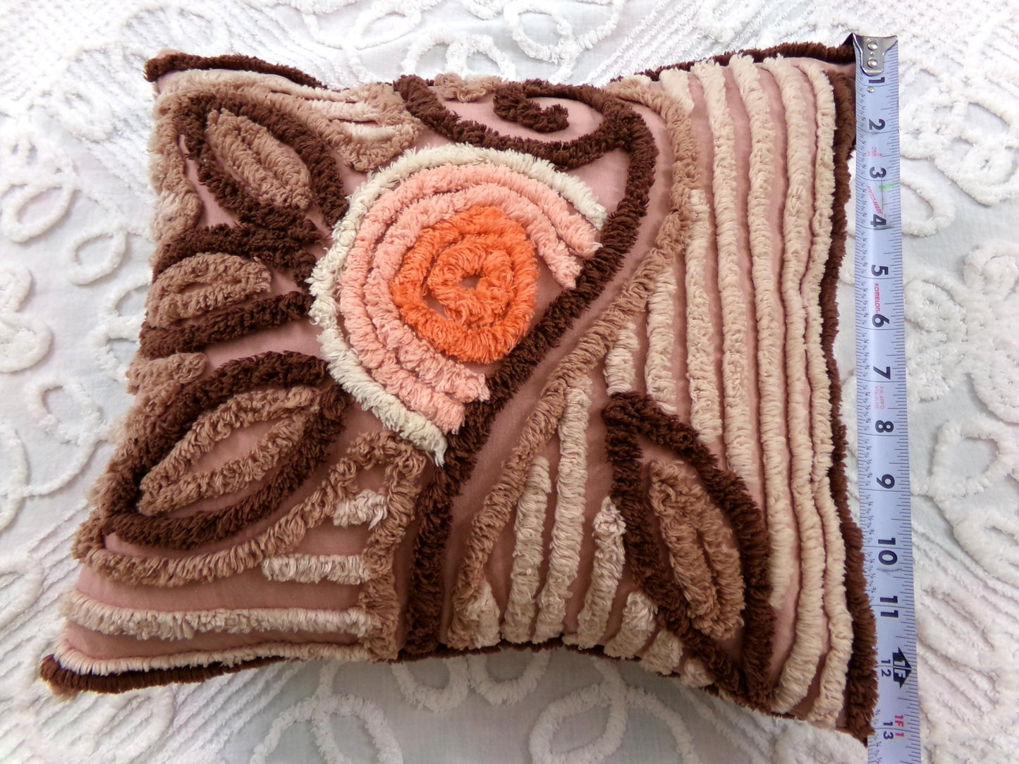 Sunset Rose Boho Vintage Chenille Pillow Cover & Insert, 13" x 14" inches, Handmade Decorative Accent Pillow, Hippie Home Decor