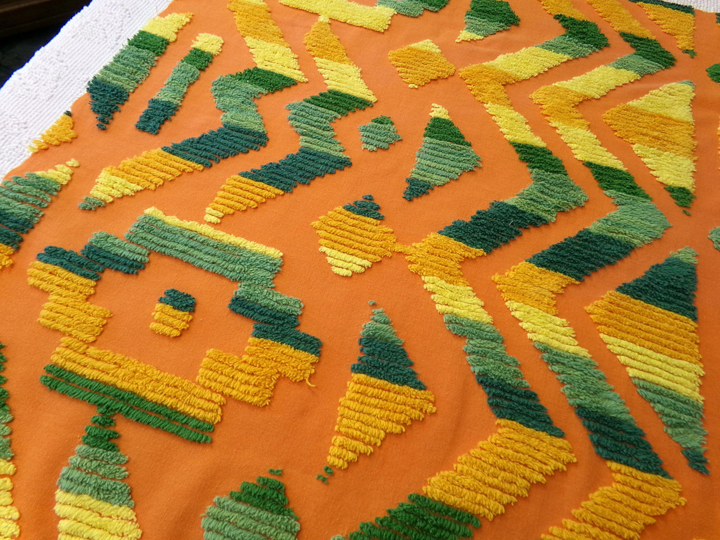 ethnic boho Southwestern vintage chenille fabric, vivid Aztec design, 20" x 24" piece of orange cotton sewing material for pillows, quilts