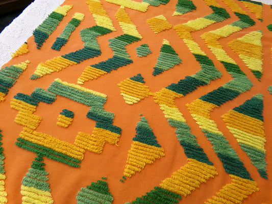 ethnic boho Southwestern vintage chenille fabric, vivid Aztec design, 20" x 24" piece of orange cotton sewing material for pillows, quilts