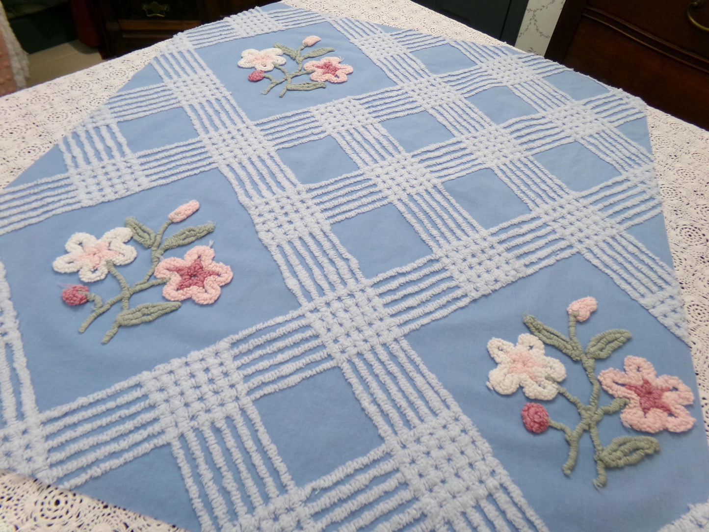 Coastal Floral Vintage Chenille Bedspread Fabric Blue & White 25 x 27" Piece