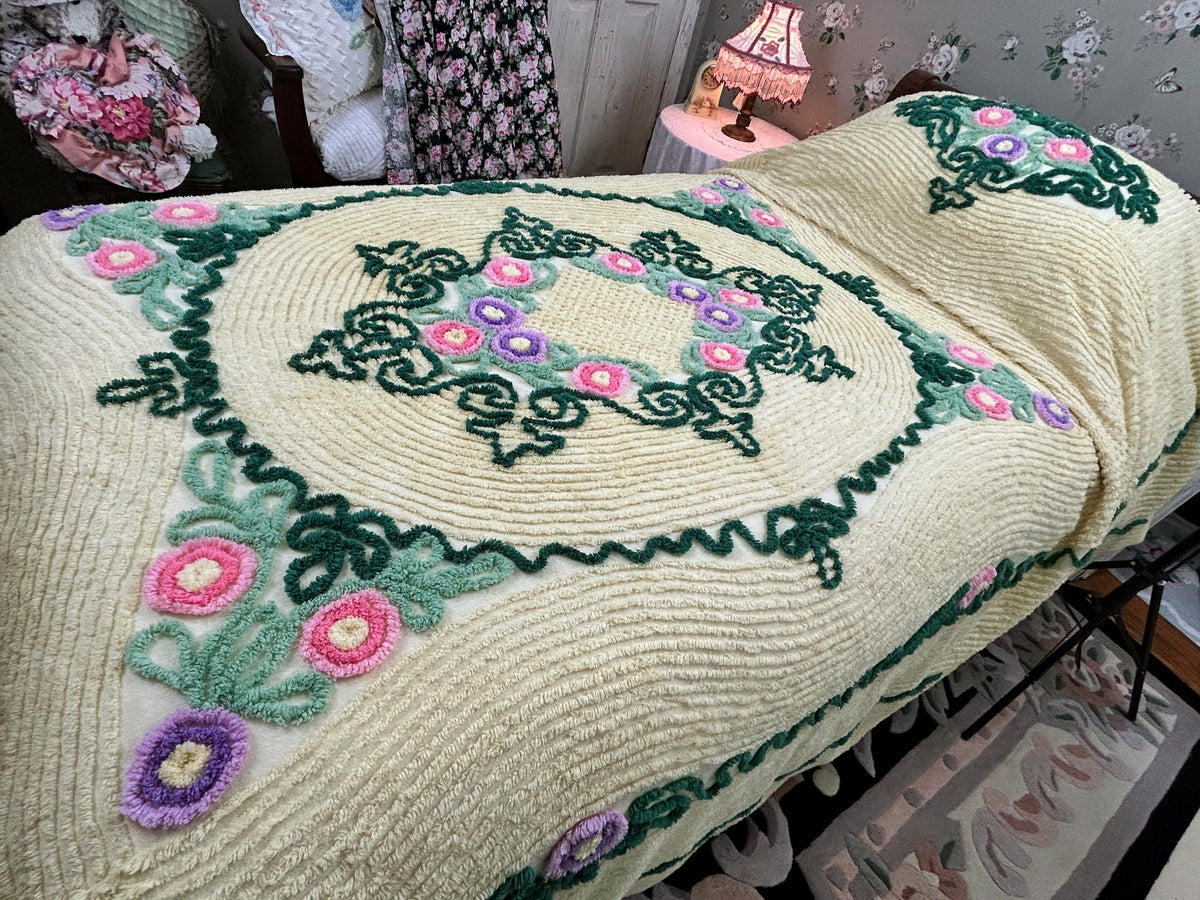 Vintage Yellow Chenille Bedspread, Lollipop Roses & Green Medallion Scrolls, Full Size