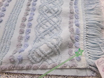 cool blue grey vintage chenille bedspread fabric boho fringe 13x36" cabin crafts