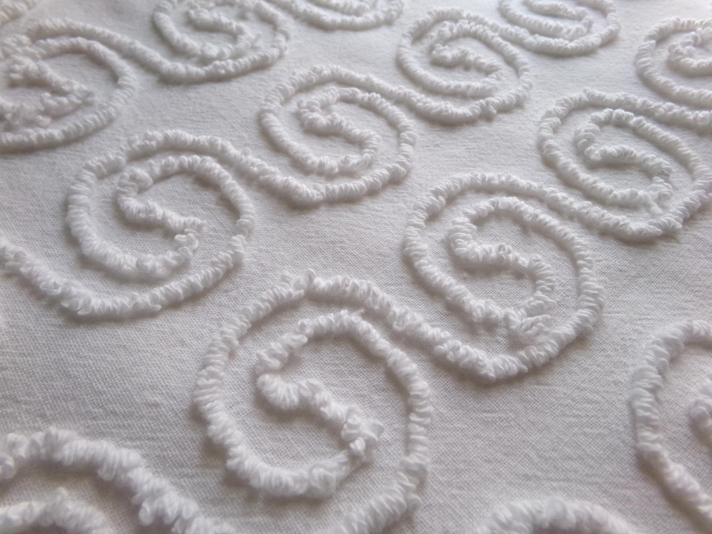 spiral curl squiggles vintage chenille fabric, ultra lightweight white cotton sewing material with great texture, 20" x 24" inch piece