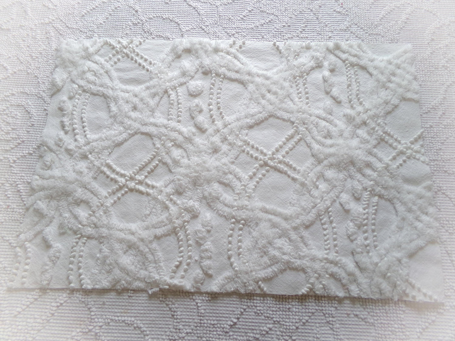 elegant white eternity links vintage chenille fabric, 12" x 18" piece of cotton sewing material for crafts, quilts, pillows