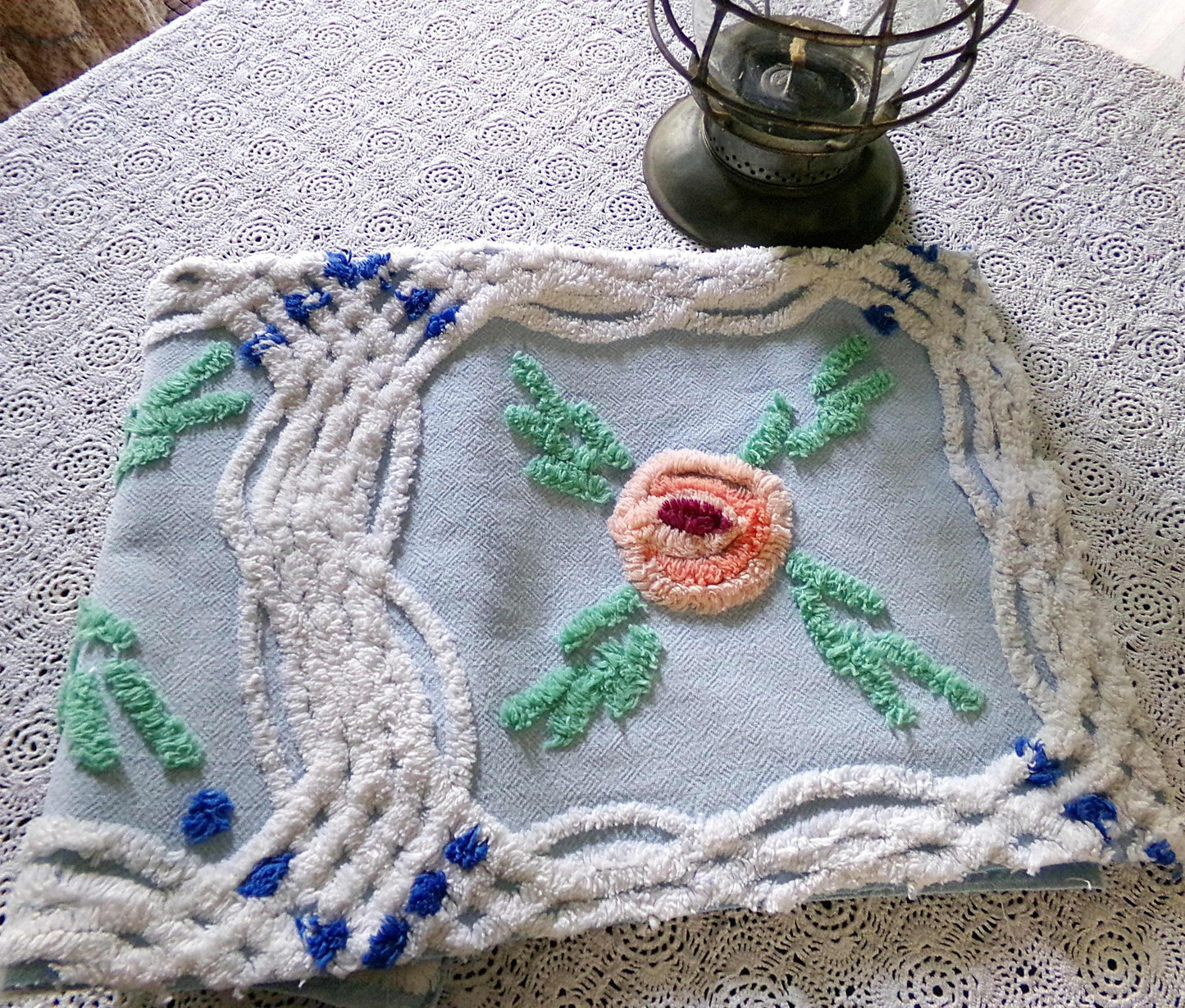 Coastal Cottage Vintage Chenille Fabric, Blue Rose Floral Sewing & Quilt Material 21" x 23"