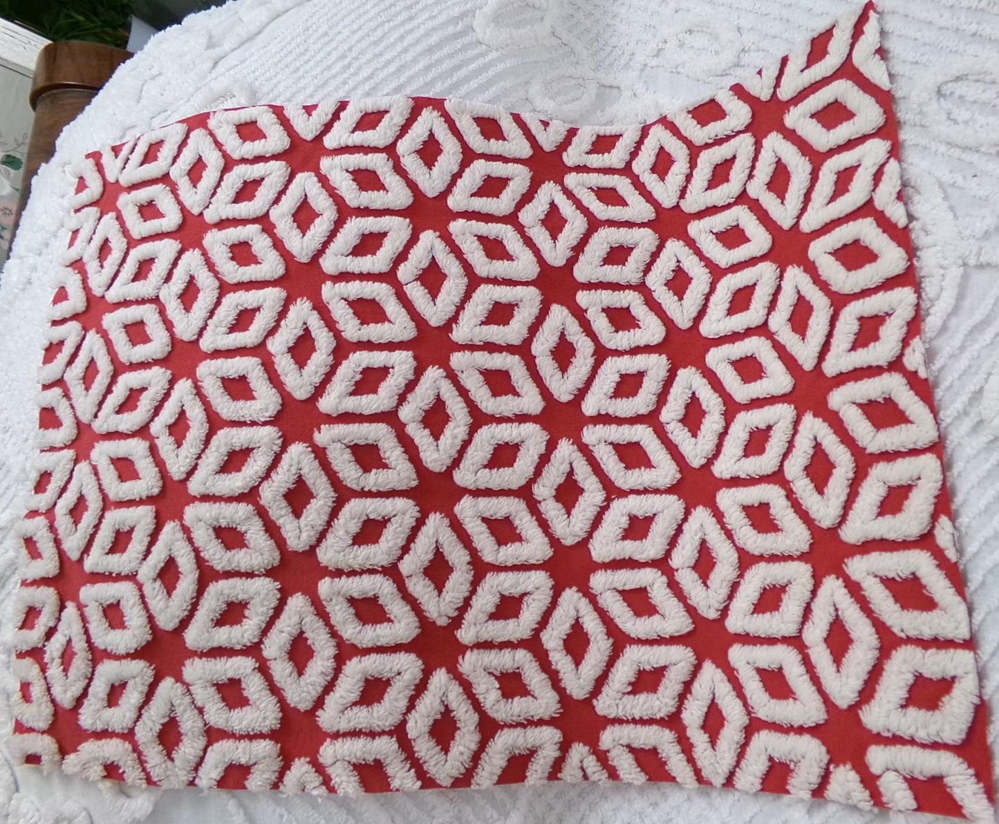 White Snowflakes Red Vintage Chenille Fabric 12x18" Piece Quilt Material