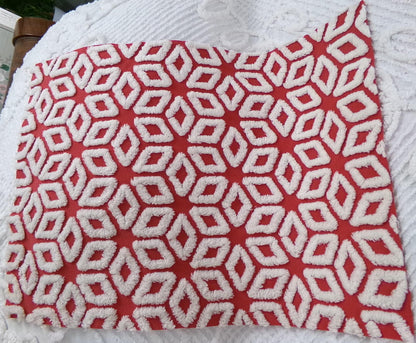 White Snowflakes Red Vintage Chenille Fabric 12x18" Piece Quilt Material