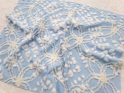 shabby coastal vintage chenille fabric, 19" x 24" piece w/ snow white pops & links on sky blue cotton