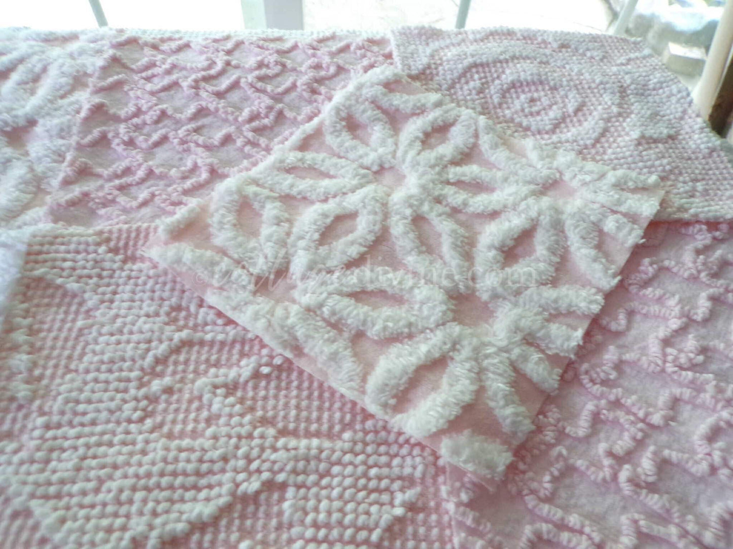 lovely pink & white vintage chenille fabric squares, set of 16 pretty 6" quilt blocks for sewing, crafts, patchwork pillows, quilting