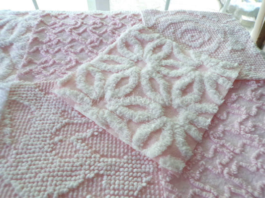 lovely pink & white vintage chenille fabric squares, set of 16 pretty 6" quilt blocks for sewing, crafts, patchwork pillows, quilting