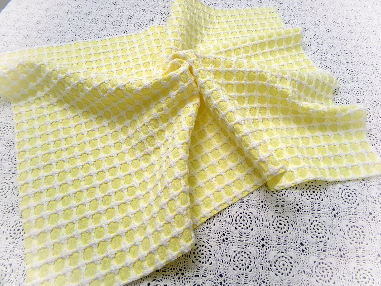 Lemon Yellow White Vintage Woven Chenille Fabric Lady Galt Honeycomb Crosses 18x24"
