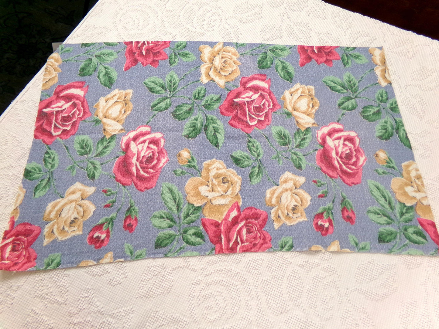 Vintage Rose Barkcloth Fabric, Pink Gold Blooms Blue Background 16" x 27"
