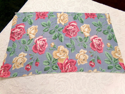 Vintage Rose Barkcloth Fabric, Pink Gold Blooms Blue Background 16" x 27"