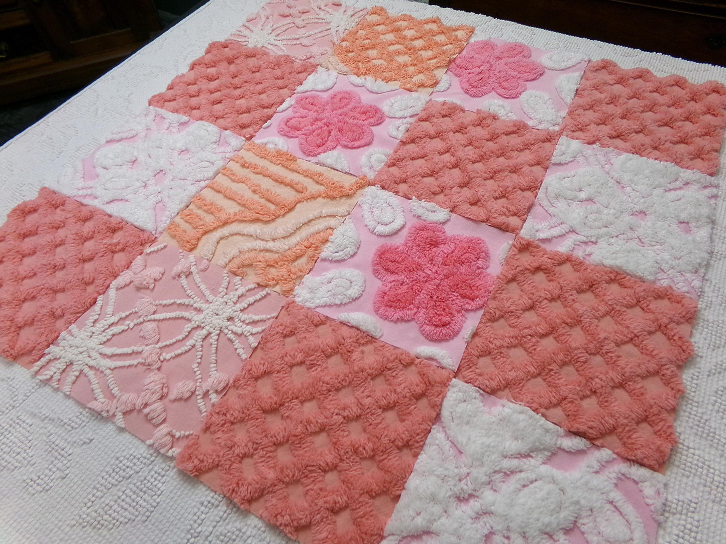 Strawberry Peach Vintage Chenille Fabric Squares Set, 16 Quilt Blocks, 6" x 6" inches each, for Quilting, Sewing, DIY Pillows