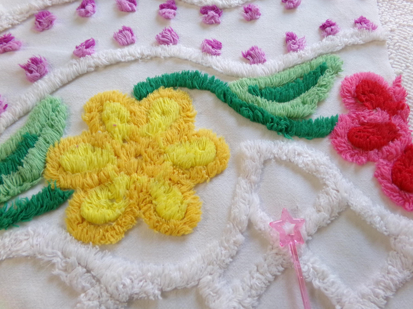 colorful peacock vintage chenille fabric piece, 19" x 25" panel, great for wallhanging or quilt inlay