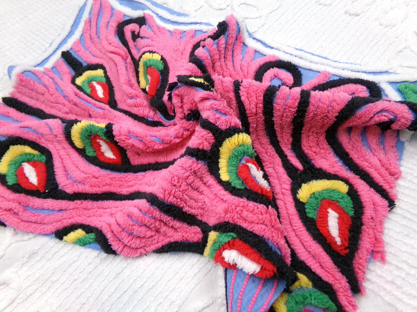 Pink Peacock Vintage Chenille Fabric, exotic tail feathers, sewing craft quilt material 17" x 23" piece