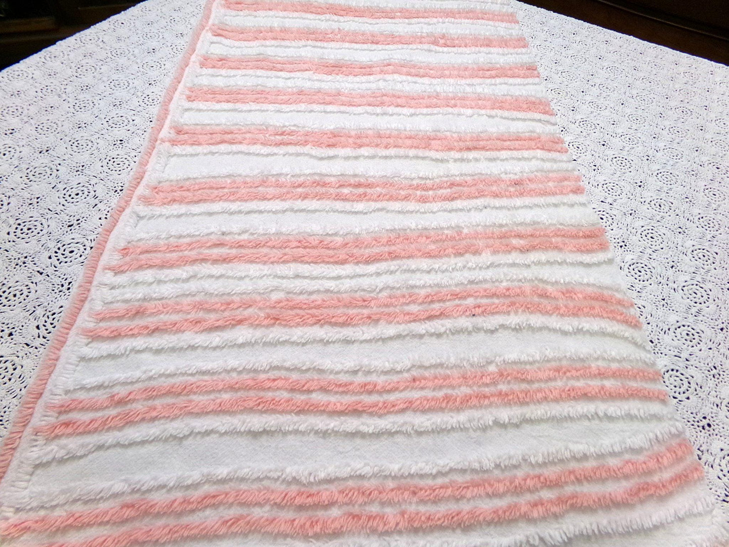 vintage chenille bedspread fabric summer peach white stripes 15.5x29" piece