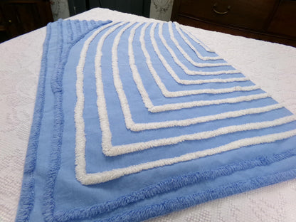 vintage chenille bedspread fabric, blue & white wave design, 27" x 19"