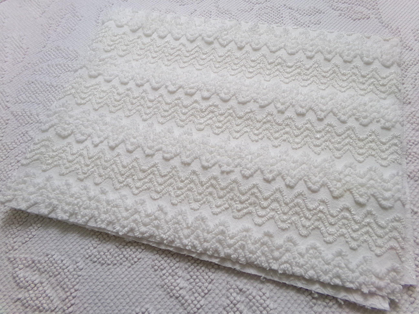 Heavenly White Vintage Chenille Bedspread Fabric, Textured Zig Zag Quilt Material, 18" x 24"