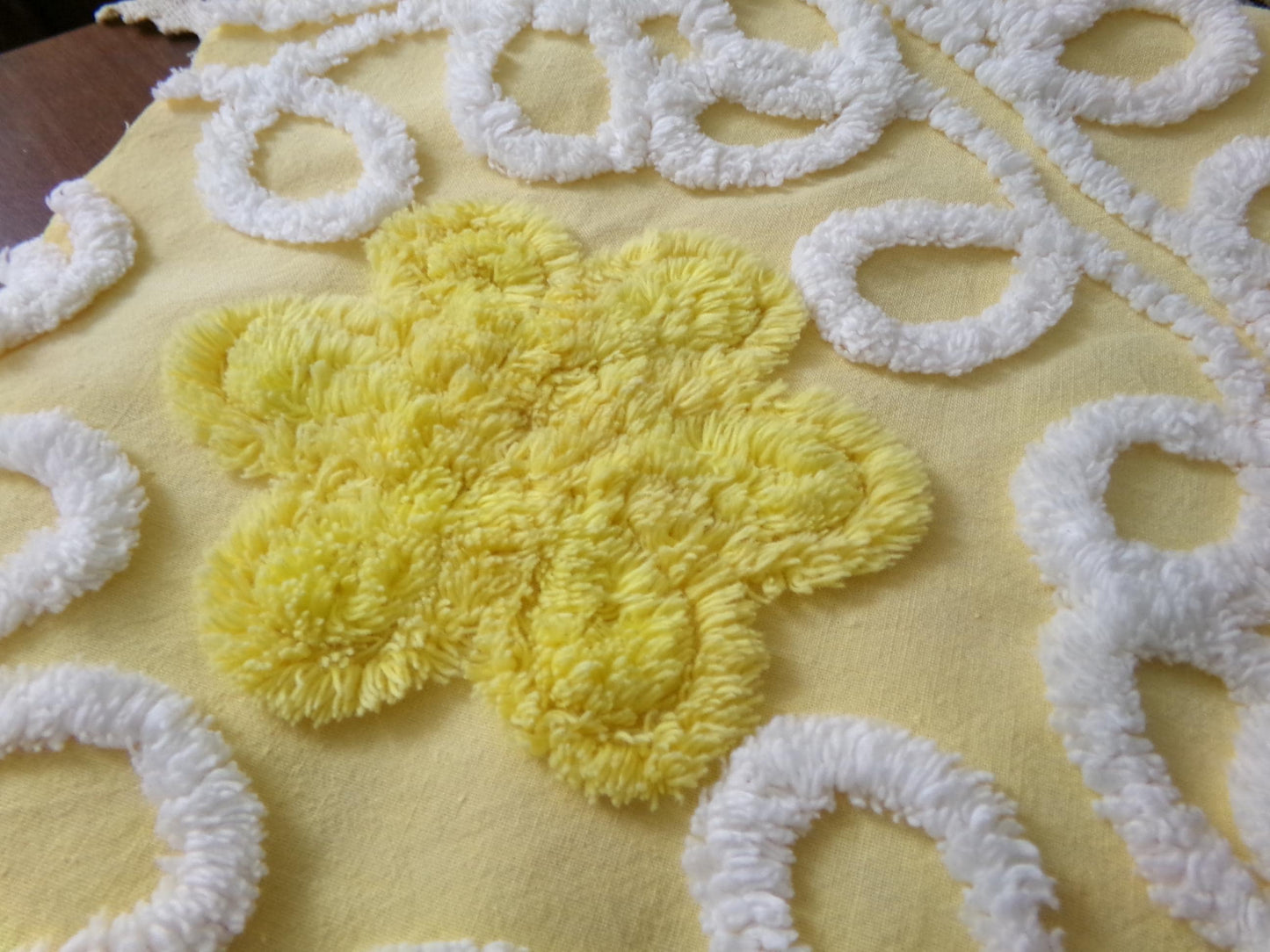 Sunny Yellow Daisy Vintage Chenille Fabric, White Swirl Sewing Quilt Material, 20" x 24"