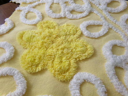 Sunny Yellow Daisy Vintage Chenille Fabric, White Swirl Sewing Quilt Material, 20" x 24"