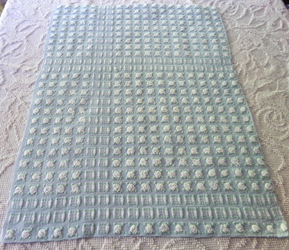 White Rosebud Vintage Chenille FABRIC, Phantom Morgan Jones Blue Terrace Roses, 24" x 18.5" inch Piece, Beautiful in Quilts