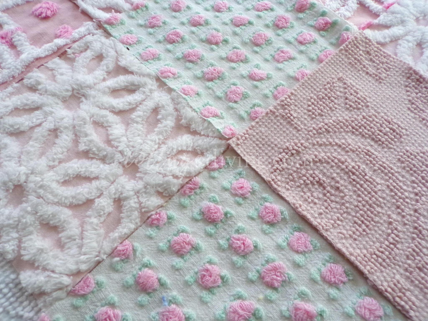angel pink vintage chenille fabric squares, rosebuds, daisy patterns, set of 16 quilt blocks, 6" x 6" each, pretty in patchwork pillows