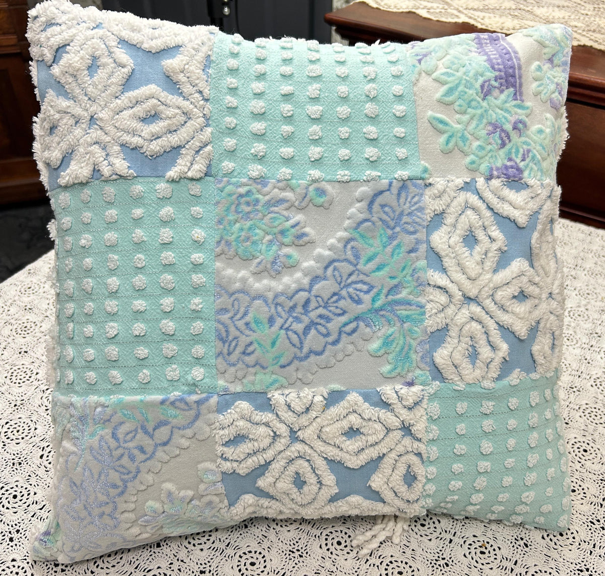 Vintage Velvet & Chenille Pillow Cover, 16" Square Reversible Coastal Patchwork Design
