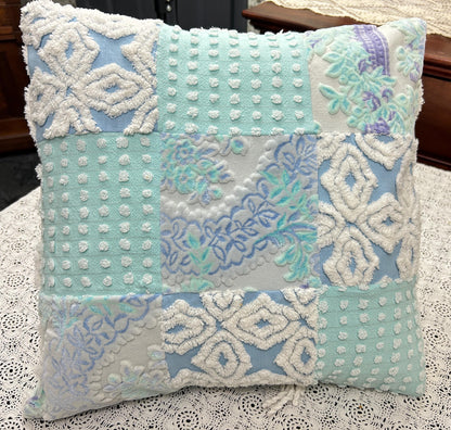 Vintage Velvet & Chenille Pillow Cover, 16" Square Reversible Coastal Patchwork Design