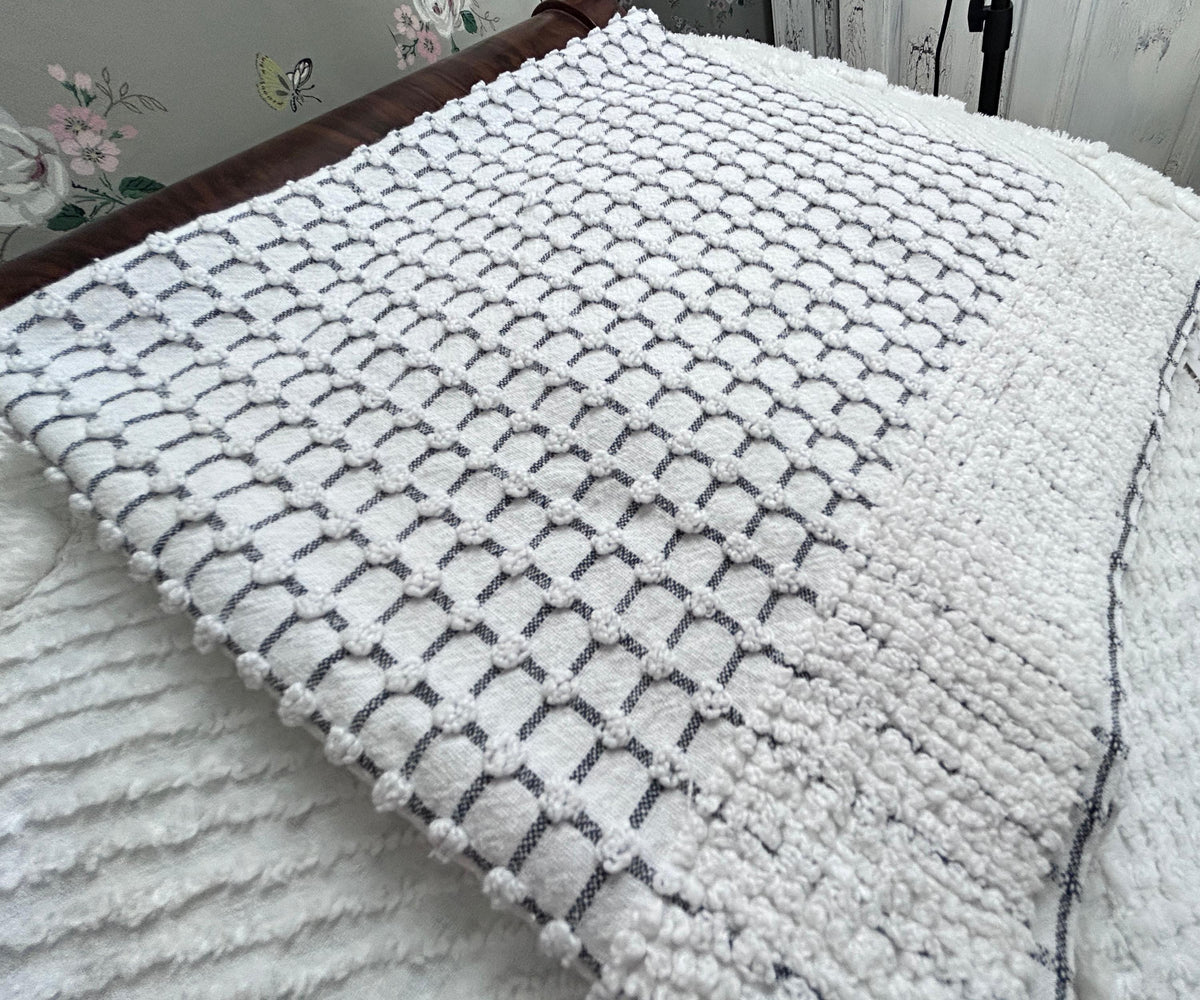 Black & White Vintage Chenille Fabric, Micro Grid Pops, Shaggy Edge Trim 20x20"