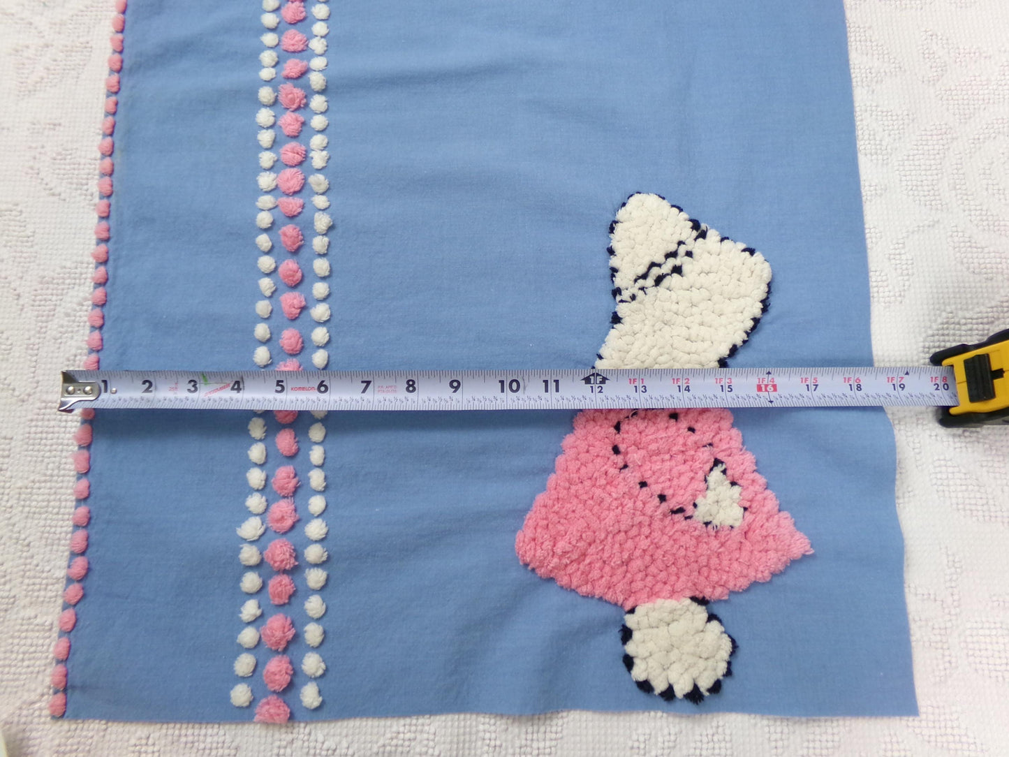 sunbonnet girl vintage chenille bedspread fabric, pink & blue sewing material, 17" x 29"