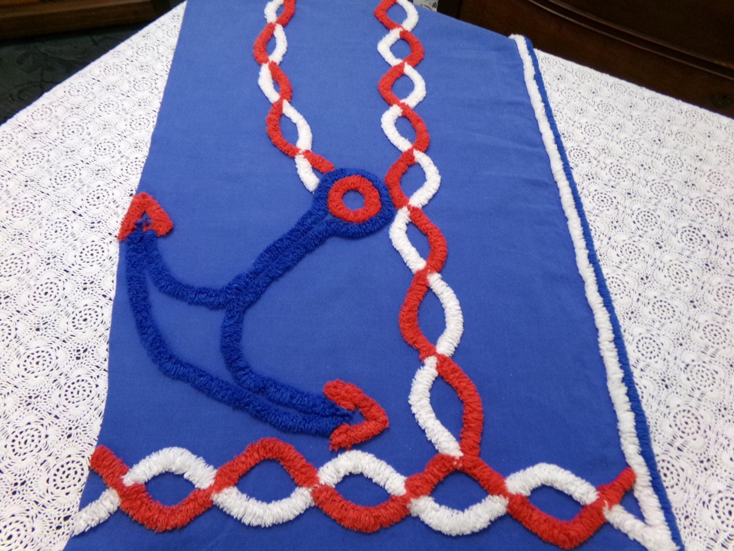 Coastal Anchor Vintage Chenille Fabric Piece 42 x 16" Red White Blue American Spirit