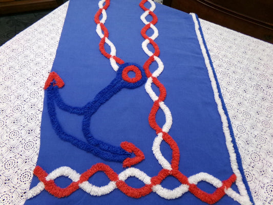 Coastal Anchor Vintage Chenille Fabric Piece 42 x 16" Red White Blue American Spirit