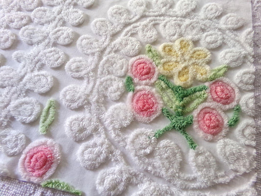 sculpted wedding cake vintage chenille fabric, lovely bridal white curlicues & rosette florals, 19" x 27" inch piece cotton sewing material