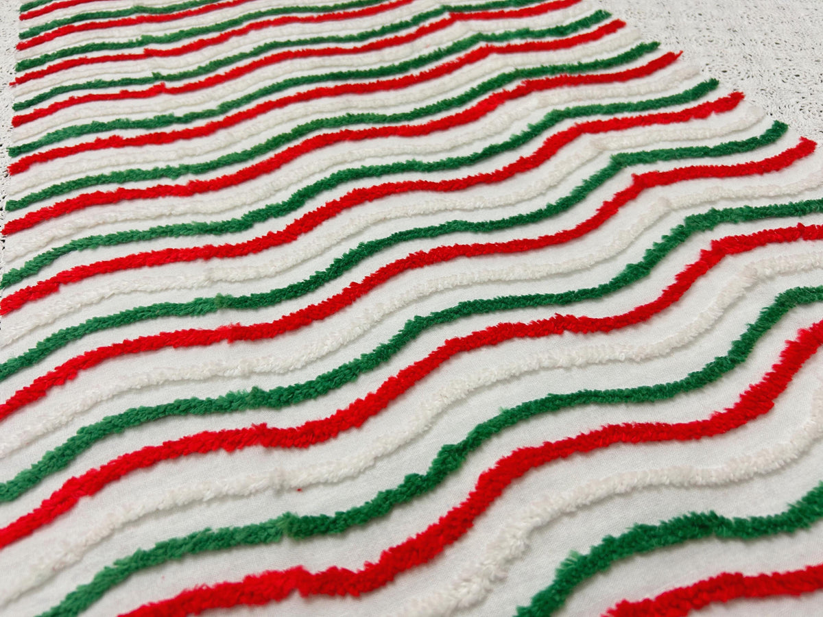 Vintage Christmas Chenille Fabric, Red, Green & White Ripple Stripe 16x27"