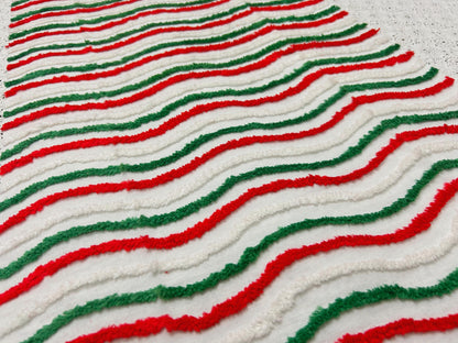 Vintage Christmas Chenille Fabric, Red, Green & White Ripple Stripe 16x27"