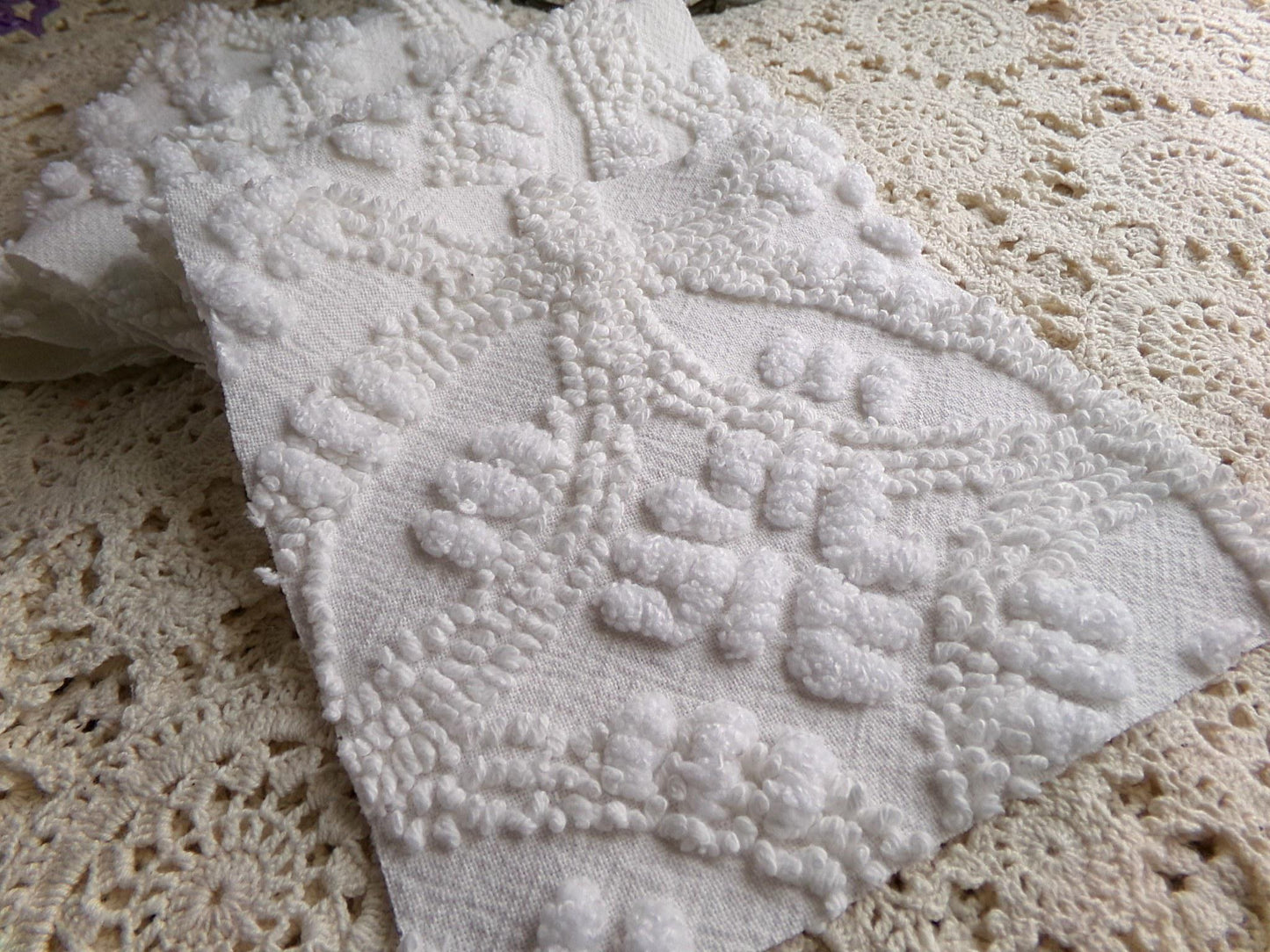heirloom quality chenille fabric squares, set of 12 vintage 6" quilt blocks in elegant antique cream tufted geometric design