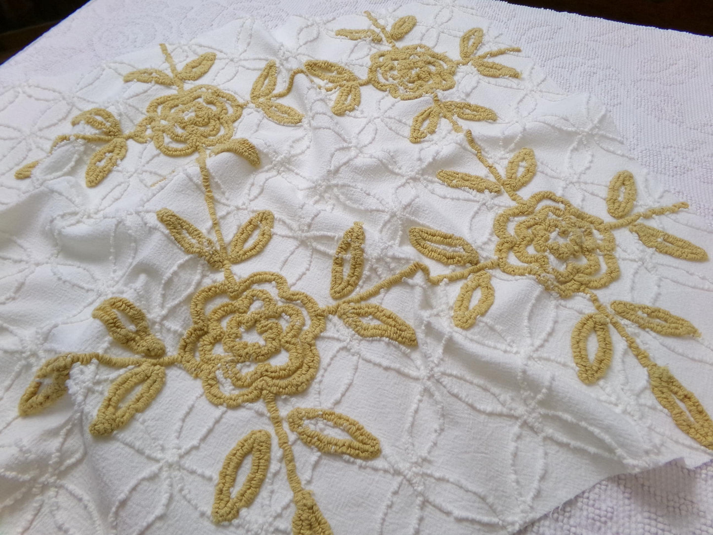 Vintage Tufted Chenille Fabric Piece, Directional Golden Rose Sewing & Quilt Material 22" x 26"