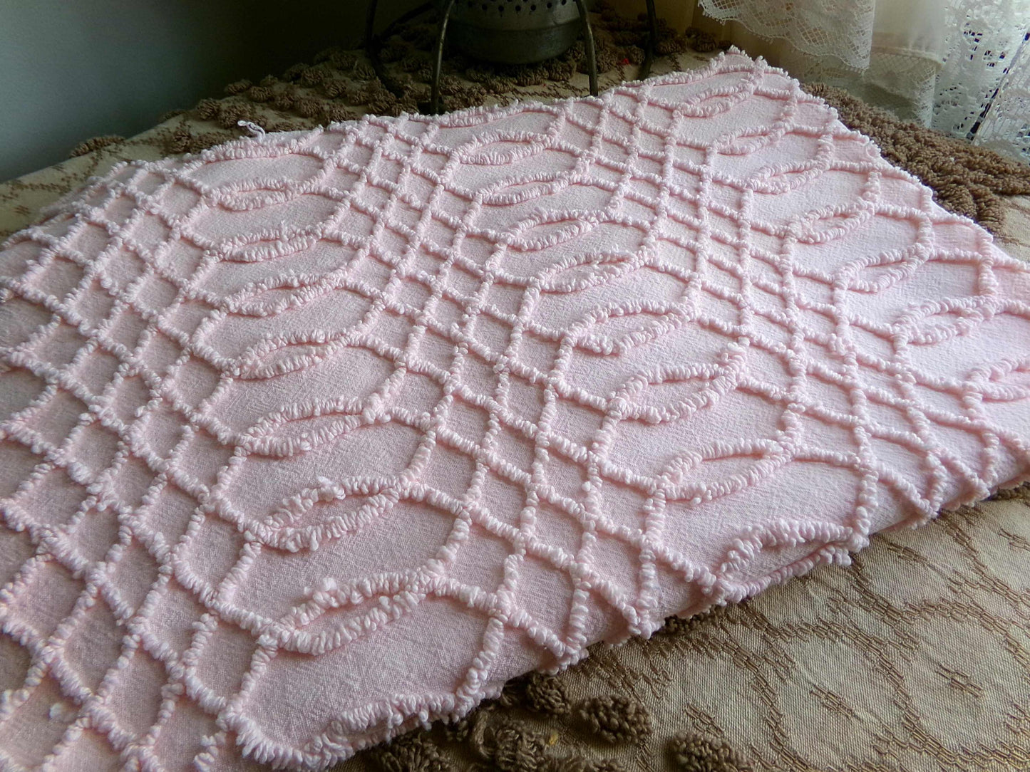 Chic Pink Eternity Links Vintage Chenille Fabric, 18x25" piece