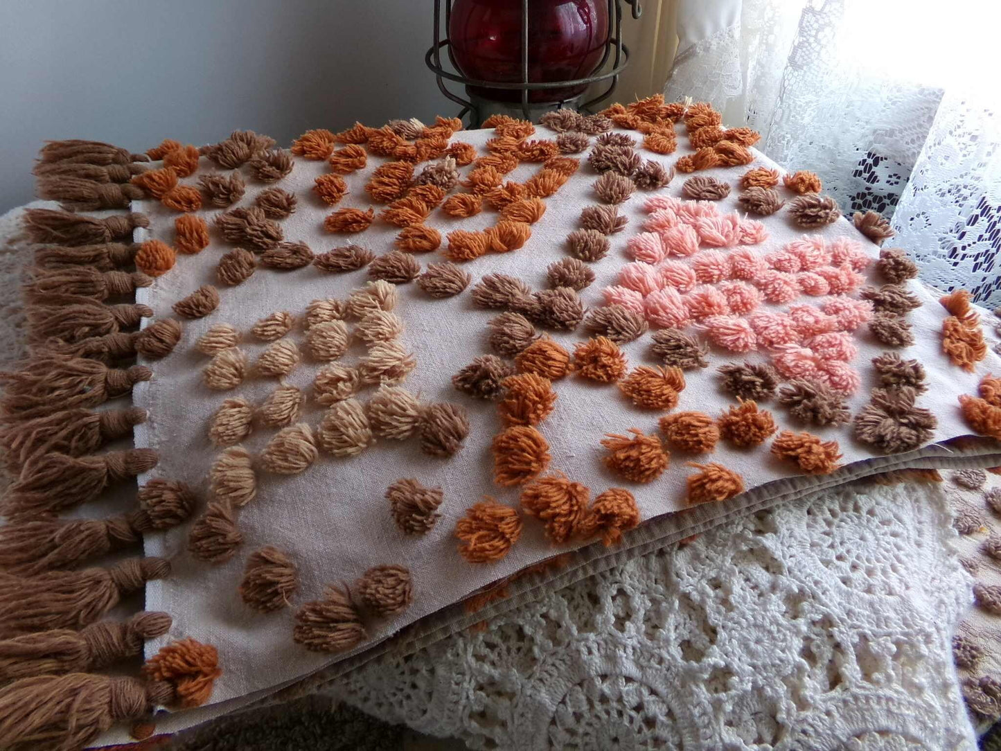 boho vintage chenille fabric, earthtones toasted brown, rust, sunset peach, 21" x 24" cut piece hippie style cotton sewing material