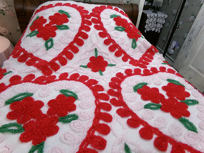 Vintage Chenille Bedspread - Red & White Hearts - Romantic Shabby Chic Cottage Decor - Full Size Bedding