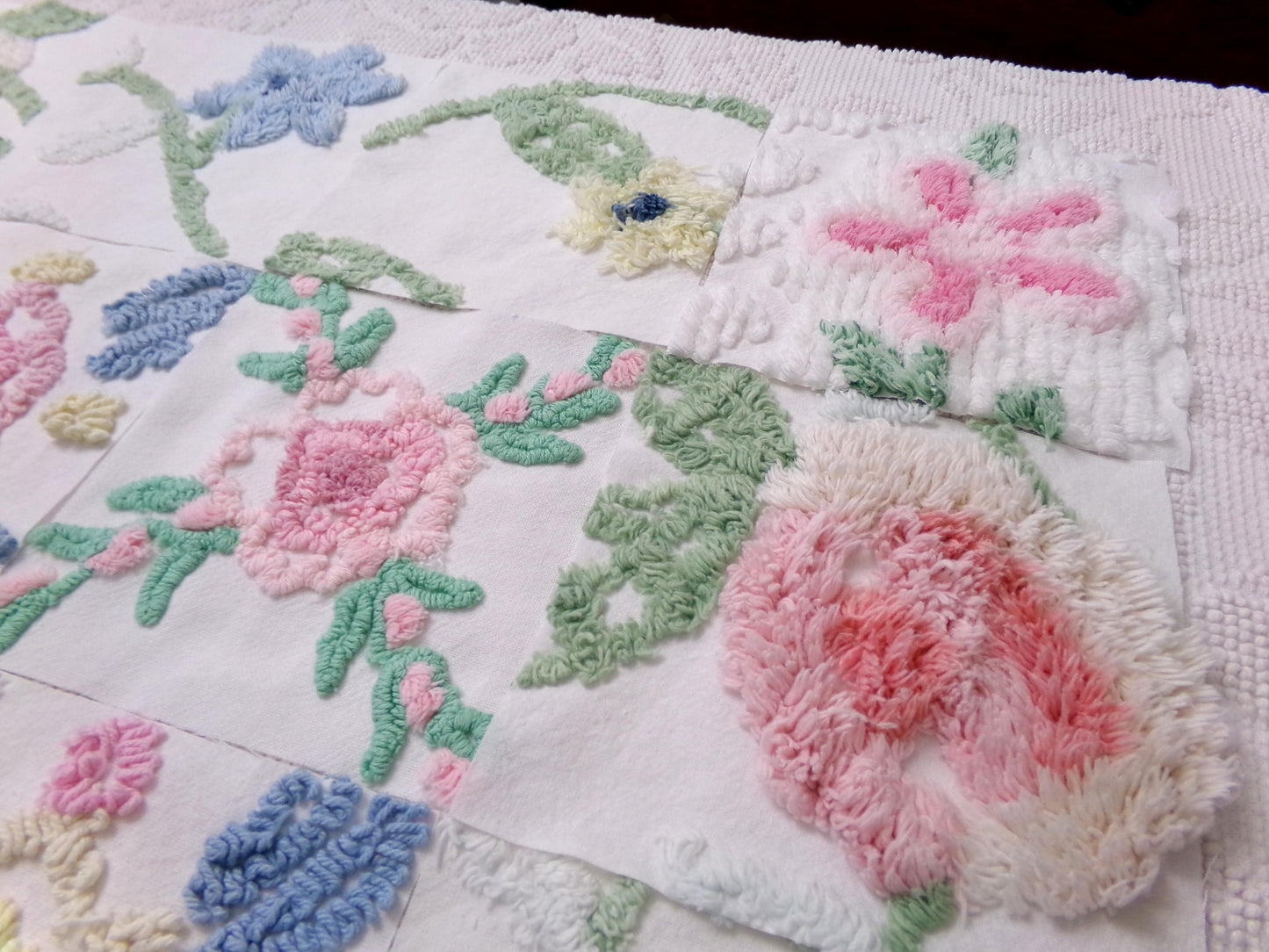 Vintage Chenille Fabric Squares Set of 16 Summer Wildflowers Floral Coordinating Quilt Blocks 6x6"