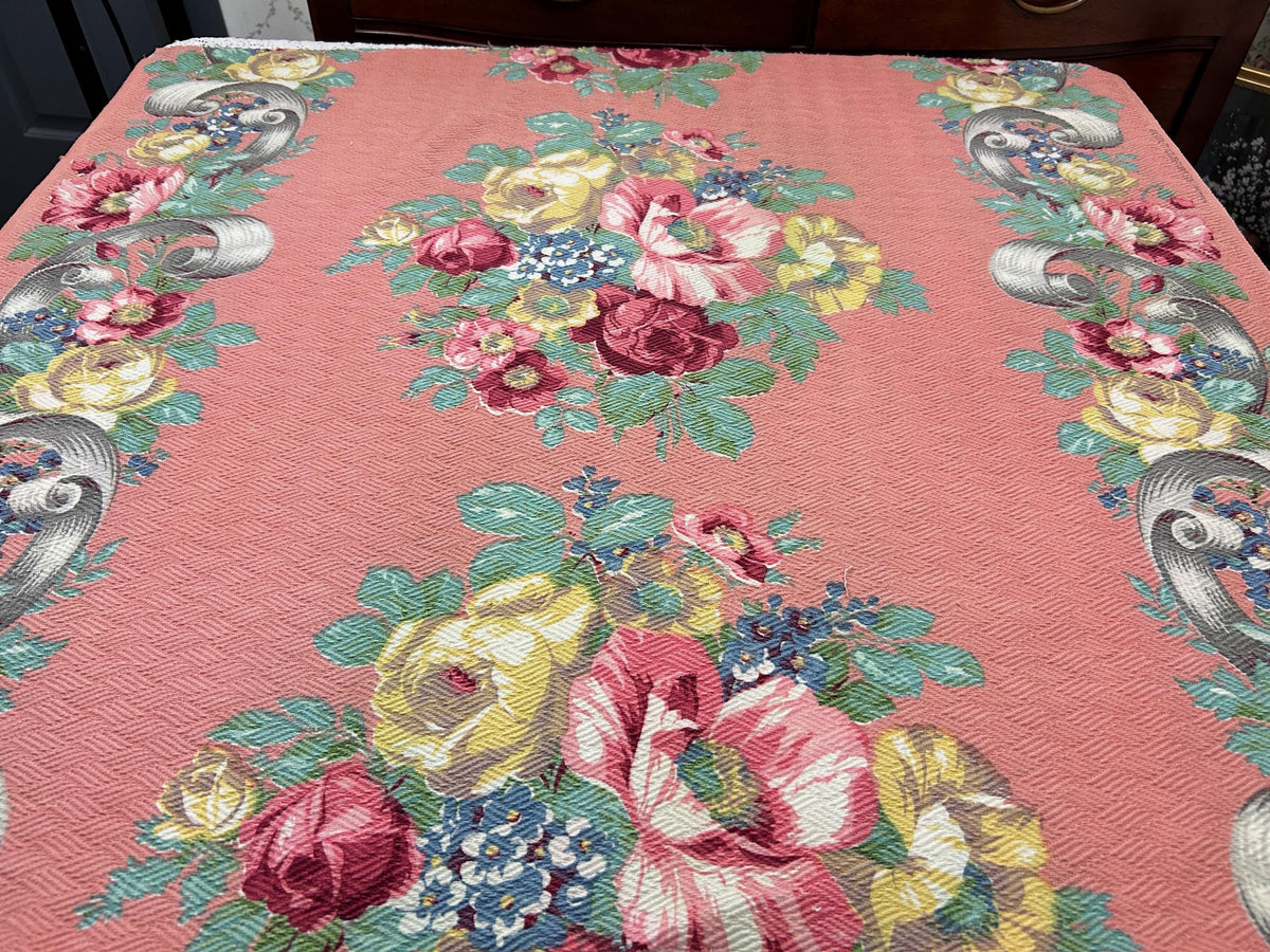 Cabbage Rose Vintage Barkcloth Fabric, Mauve Pink 28x33" Quilt & Craft Panel