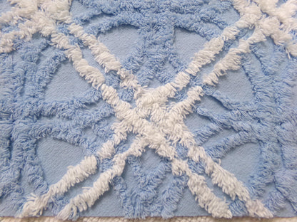 Vintage Chenille Fabric Baby Blue White Geometric Tufted Cottage Coastal Chic, 18" x 22"