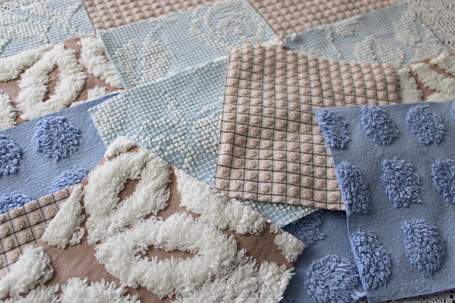 sky & sand vintage chenille fabric squares, set of 16 quilt blocks 6" each, modern dot, hobnail, geometric in blue, white, sand