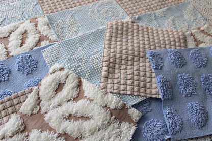 sky & sand vintage chenille fabric squares, set of 16 quilt blocks 6" each, modern dot, hobnail, geometric in blue, white, sand