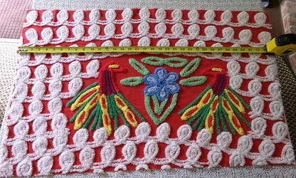 Vintage Peacock Chenille Bedspread Fabric, Pair of Lovebirds on Vivid Red & White Curlicues, 31" x 20" inch Piece, 100% Cotton