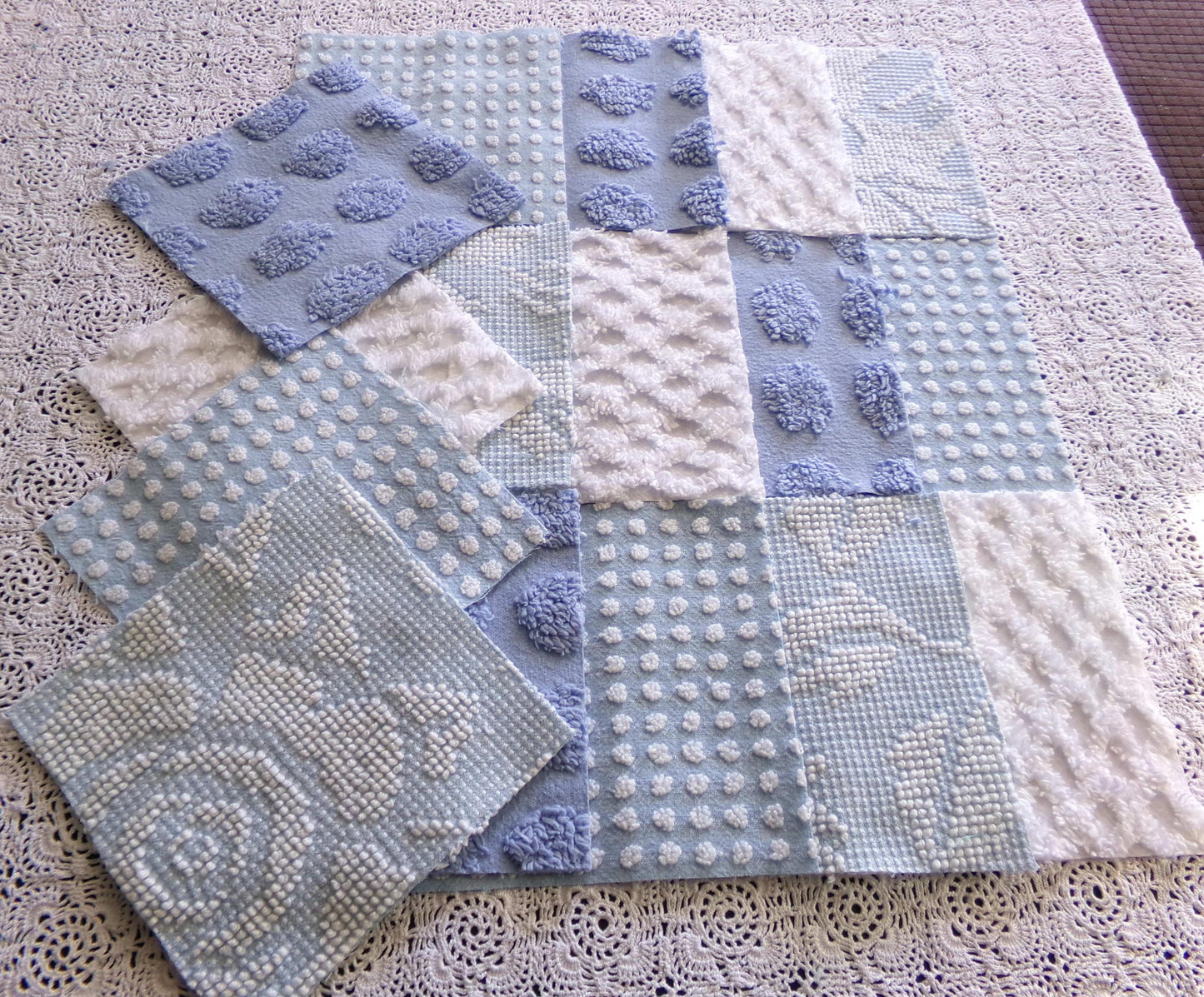 blue chenille fabric squares, set of 16 vintage 6" quilt blocks in coastal blues & white textures