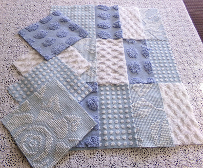blue chenille fabric squares, set of 16 vintage 6" quilt blocks in coastal blues & white textures