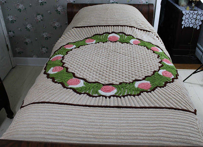 Shabby Sculpted Floral Cake vintage Mocha Chenille Bedspread ACRYLIC TRICEL, Twin Sz